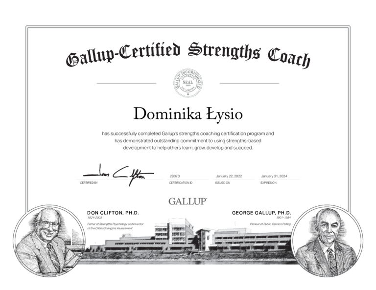 Dominika Łysio - Gallup-Certified Strengths Coach / Certyfikowany Coach Mocnych Stron Gallupa