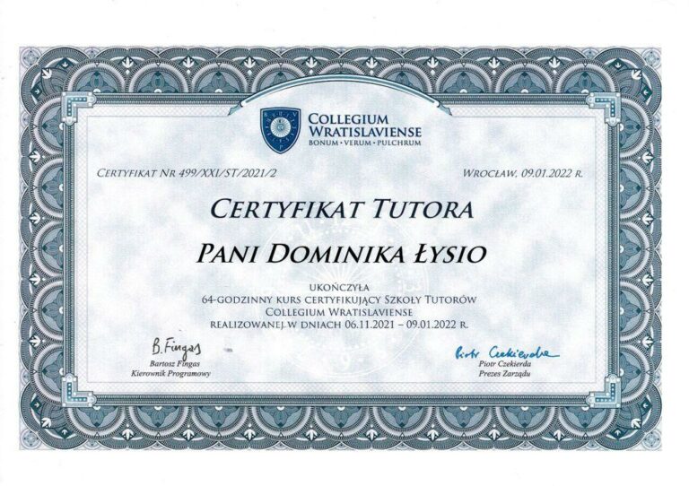 Certyfikat Tutora 1 stopnia- Dominika Łysio